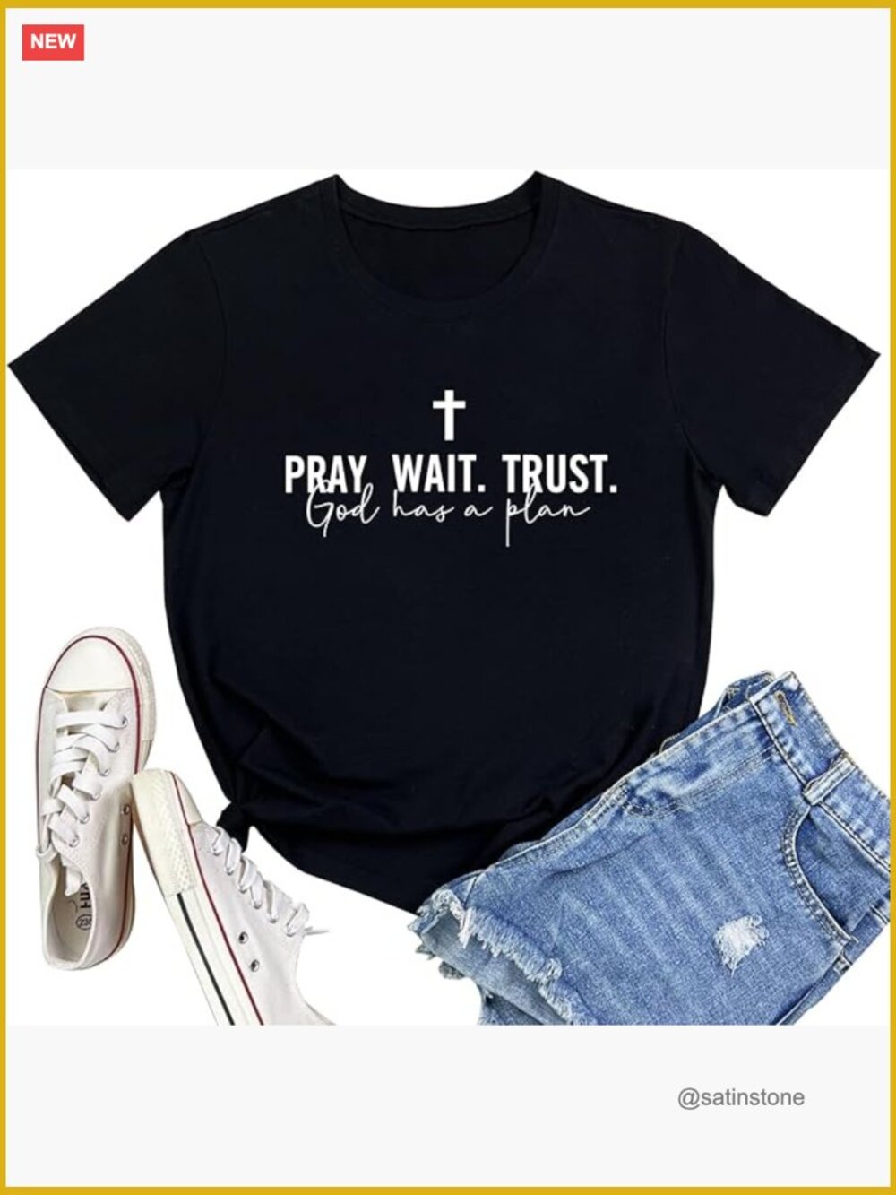 Women's Faith-Inspired Graphic Tee - Pray Wait Trust - Short Sleeve Crew Neck